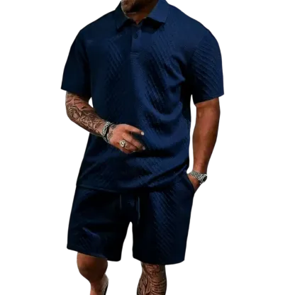 Men's summer casual texture fabric solid color polo shirt T-shirt shorts 2-piece set