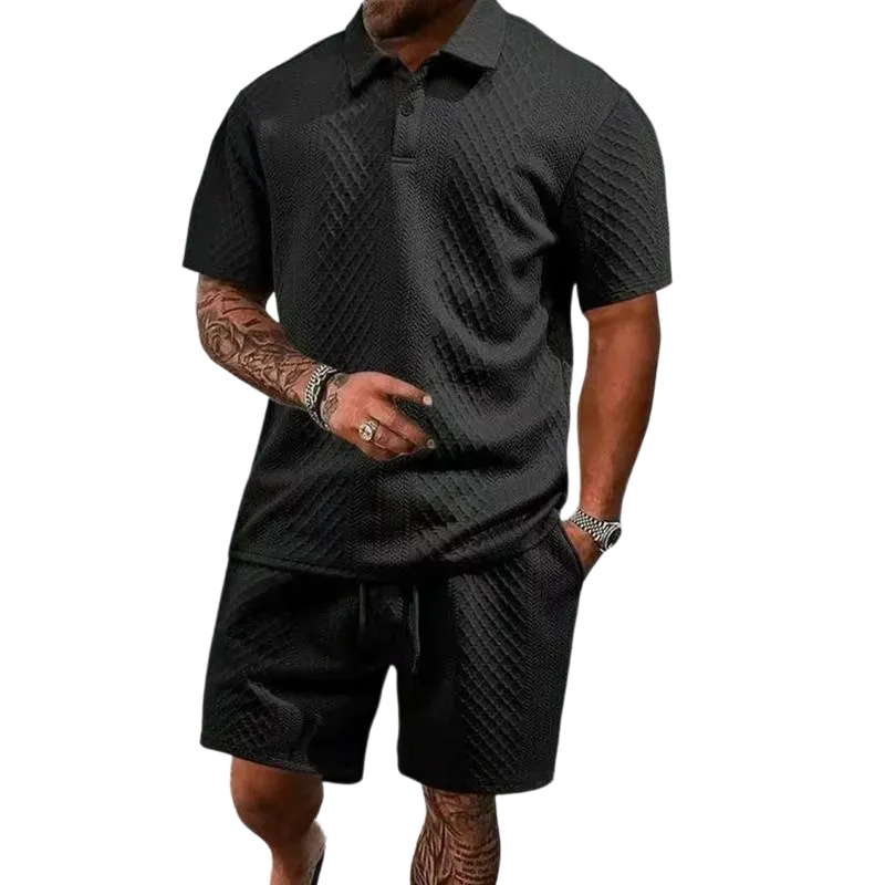 Men's summer casual texture fabric solid color polo shirt T-shirt shorts 2-piece set