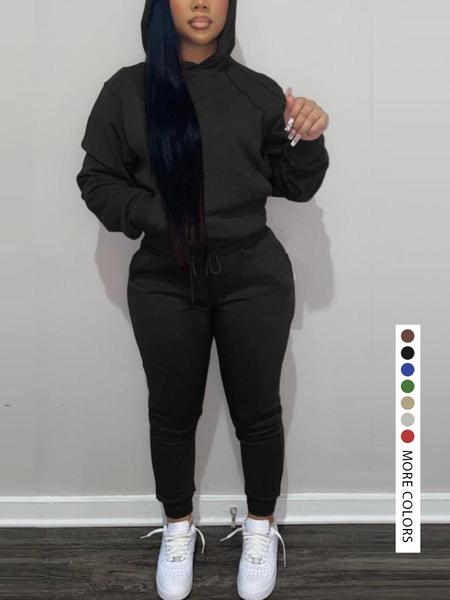 Casual Plain Drawstring Sweatshirt Outfit Set, Fitted Regular Length, Moderate Fabric, Fall & Winter Wear, Women's Clothing