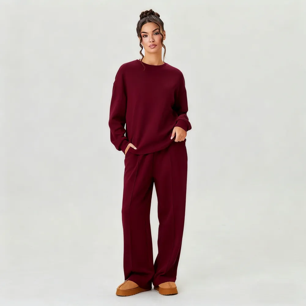 Women's Casual Solid Color Loose Long Sleeve Top & Exposed Stitches Trousers Co-ord