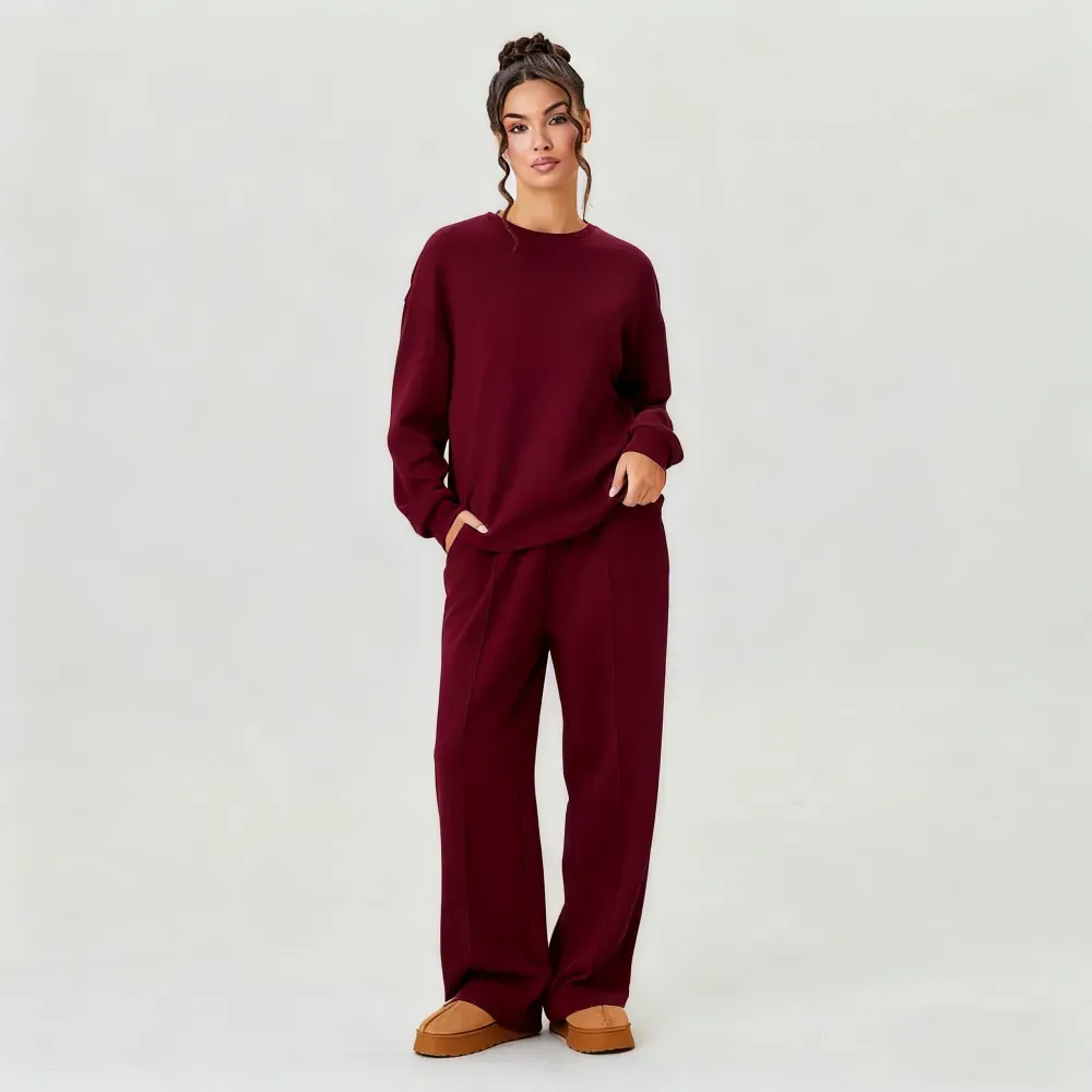 Women's Casual Solid Color Loose Long Sleeve Top & Exposed Stitches Trousers Co-ord