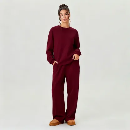 Women's Casual Solid Color Loose Long Sleeve Top & Exposed Stitches Trousers Co-ord