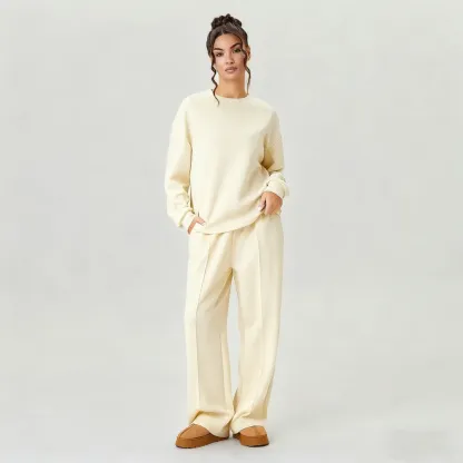 Women's Casual Solid Color Loose Long Sleeve Top & Exposed Stitches Trousers Co-ord