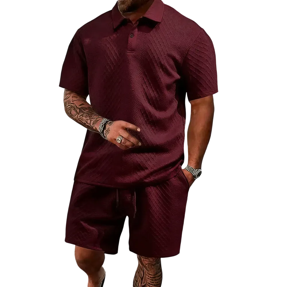 Men's summer casual texture fabric solid color polo shirt T-shirt shorts 2-piece set