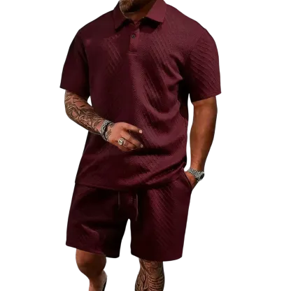 Men's summer casual texture fabric solid color polo shirt T-shirt shorts 2-piece set