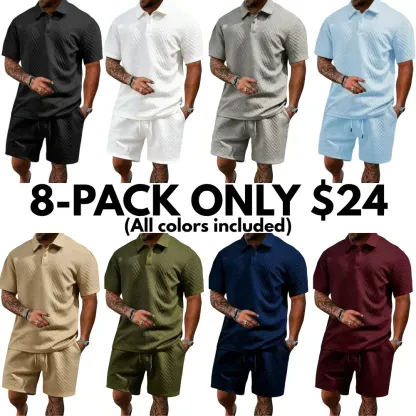 Men's summer casual texture fabric solid color polo shirt T-shirt shorts 2-piece set
