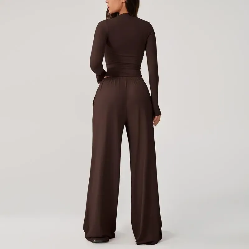 Women's long-sleeved top and wide-leg pants suit