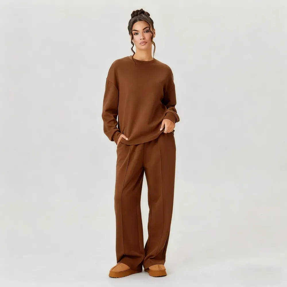 Women's Casual Solid Color Loose Long Sleeve Top & Exposed Stitches Trousers Co-ord