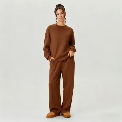 Women's Casual Solid Color Loose Long Sleeve Top & Exposed Stitches Trousers Co-ord