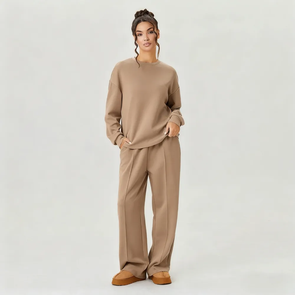 Women's Casual Solid Color Loose Long Sleeve Top & Exposed Stitches Trousers Co-ord