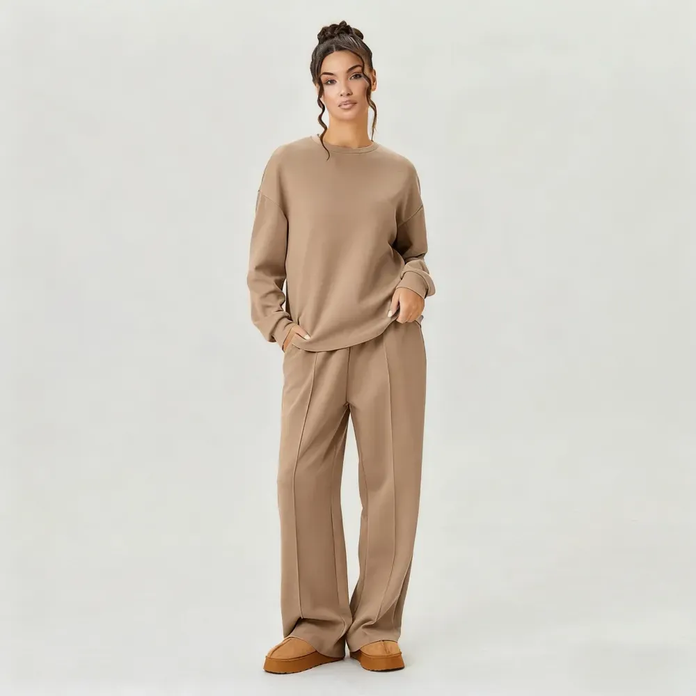 Women's Casual Solid Color Loose Long Sleeve Top & Exposed Stitches Trousers Co-ord