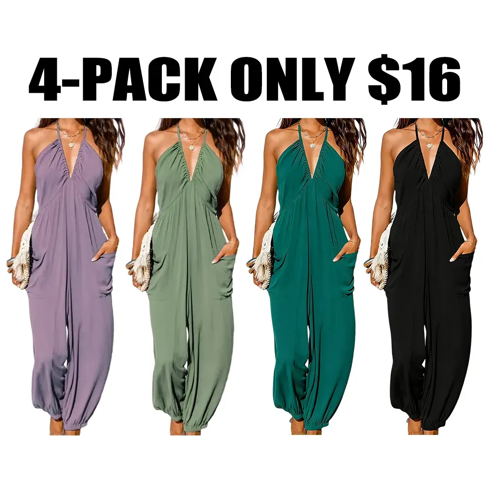 Plunge Halter Wide Leg Jumpsuit with Pockets