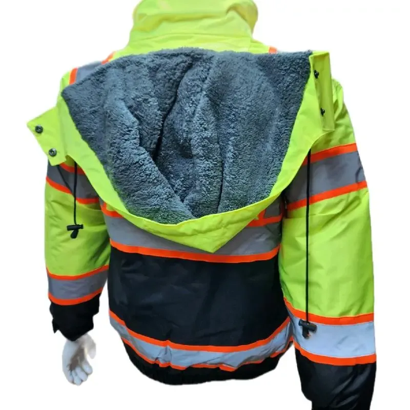 High Visibility Water Resistant Bomber Safety Jacket with Hoodie / Reflective Safety Sherpa Insulated Jacket