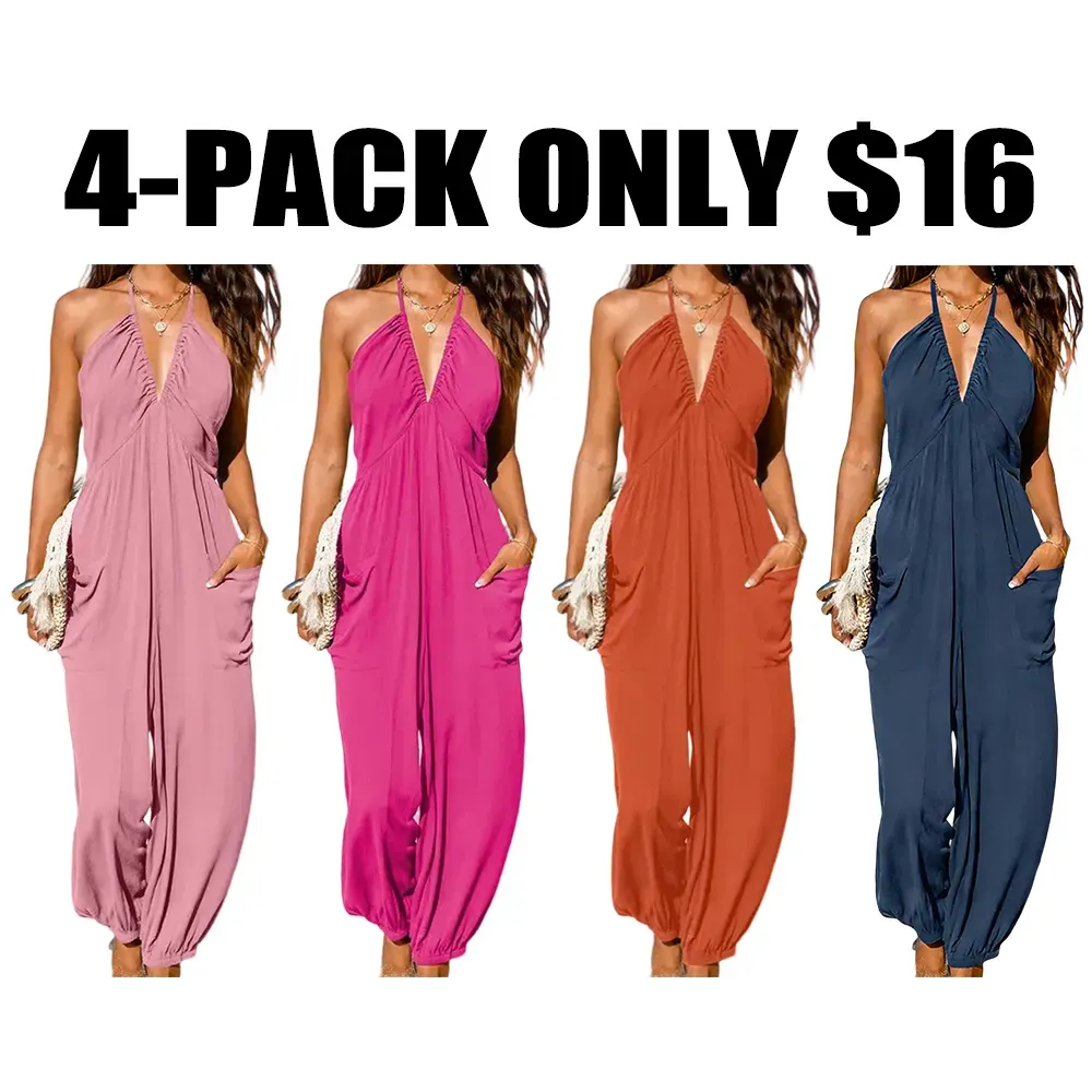Plunge Halter Wide Leg Jumpsuit with Pockets