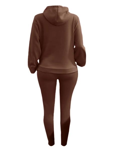 Casual Plain Drawstring Sweatshirt Outfit Set, Fitted Regular Length, Moderate Fabric, Fall & Winter Wear, Women's Clothing