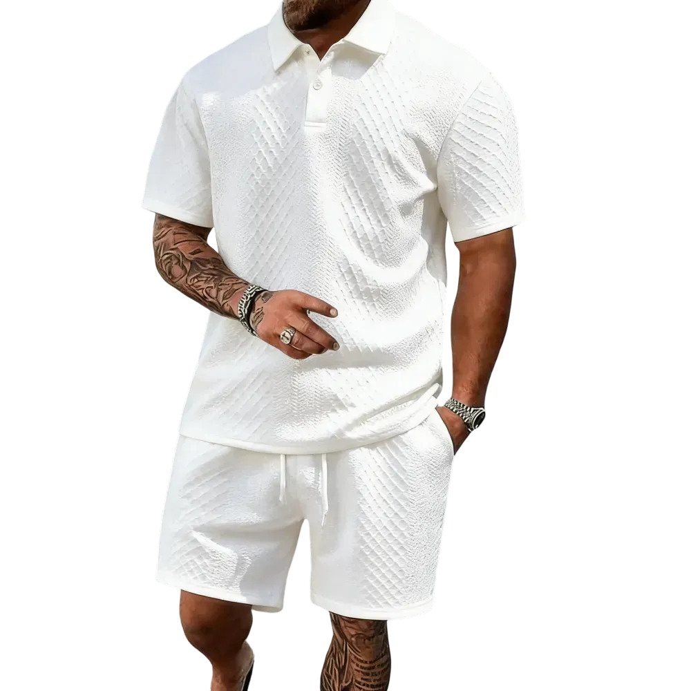 Men's summer casual texture fabric solid color polo shirt T-shirt shorts 2-piece set