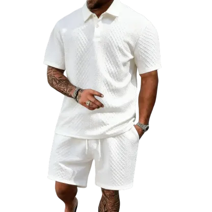 Men's summer casual texture fabric solid color polo shirt T-shirt shorts 2-piece set
