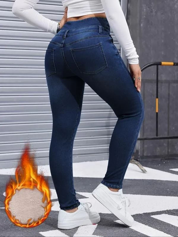 Women's High Elasticity Fleece Lined Thick Denim Jeans