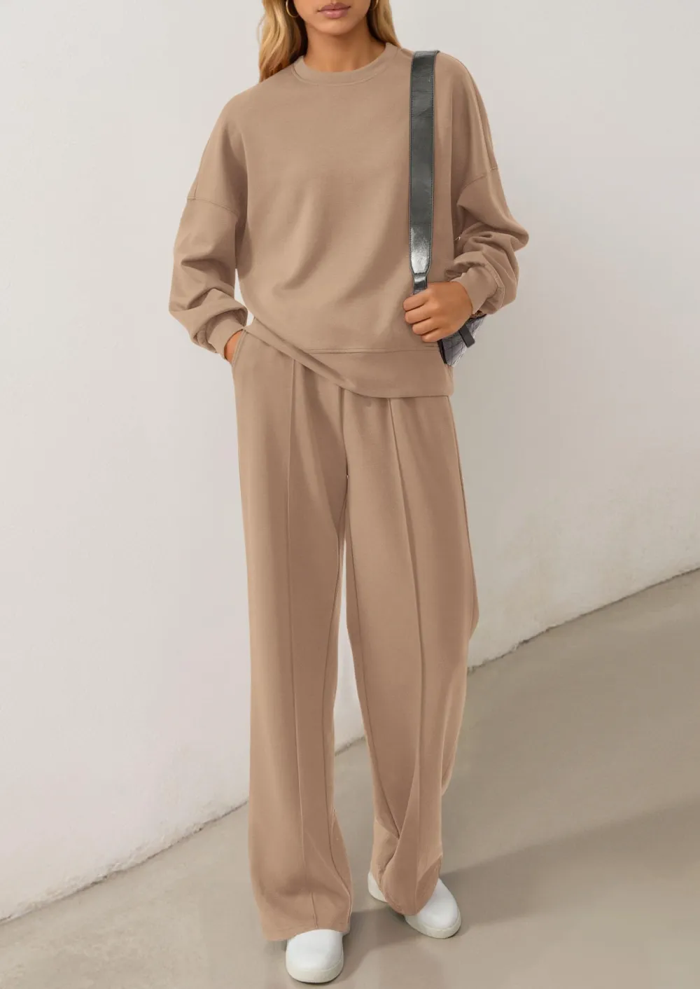 Women's Cozy Round Neck Top & Wide Leg Trousers Two Piece Outfits