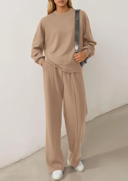 Women's Cozy Round Neck Top & Wide Leg Trousers Two Piece Outfits