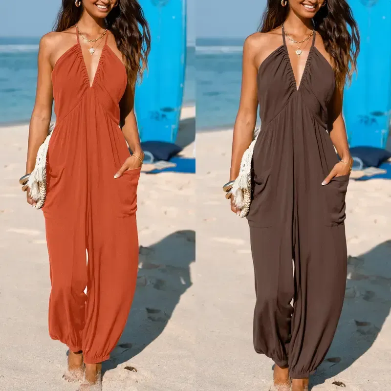 Plunge Halter Wide Leg Jumpsuit with Pockets