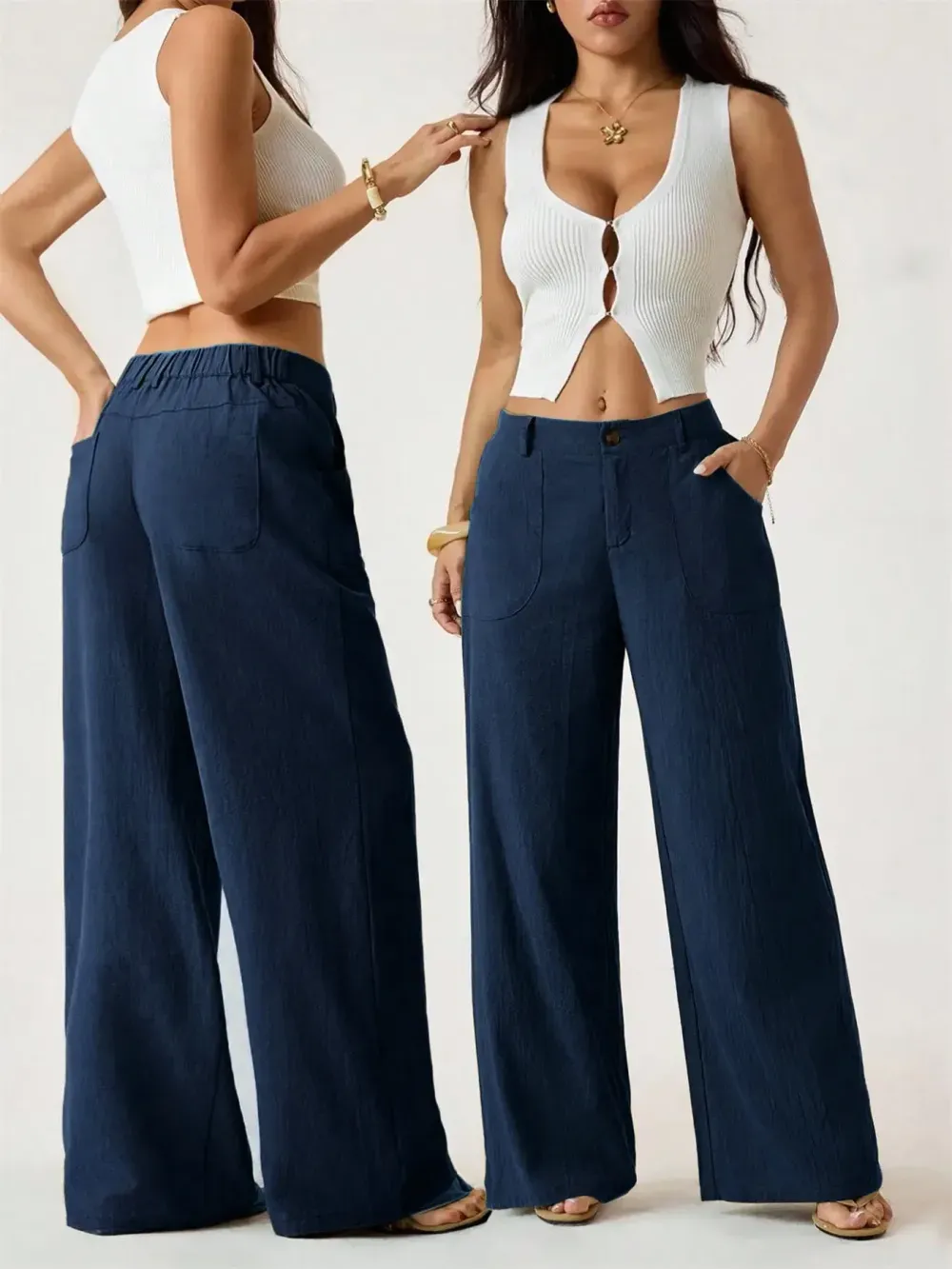 High Waist Wide Leg Beach Trousers With Pocket