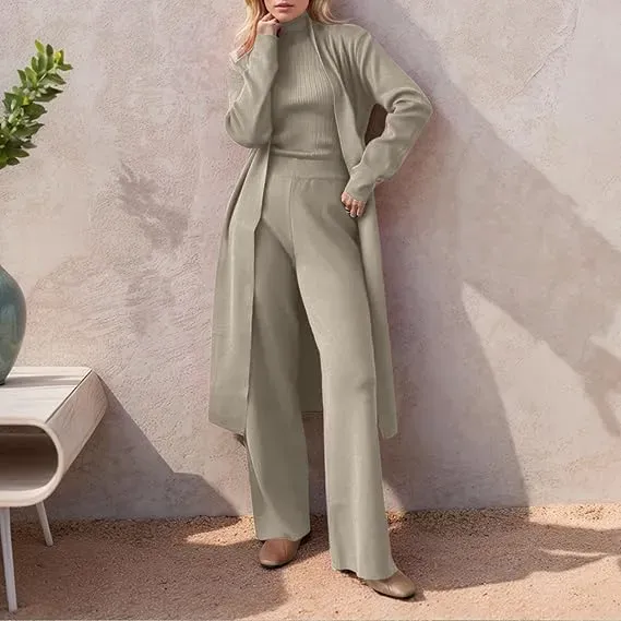 Three-Piece Set - Knit Turtleneck Tank & Wide Leg Pants With Long Cardigan