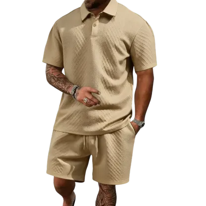 Men's summer casual texture fabric solid color polo shirt T-shirt shorts 2-piece set