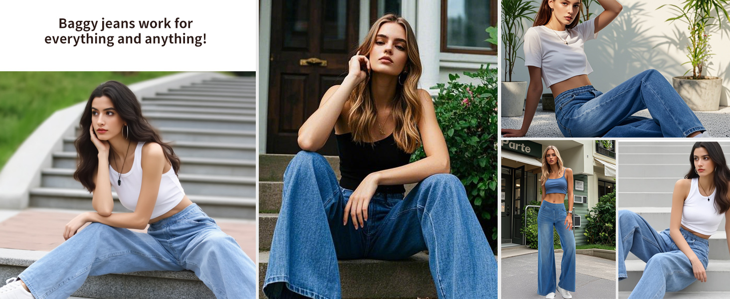 Collage of five images showcasing women wearing loose-fitting blue denim jeans paired with various tops. Models pose in outdoor settings, demonstrating the versatility of the baggy jeans style.
