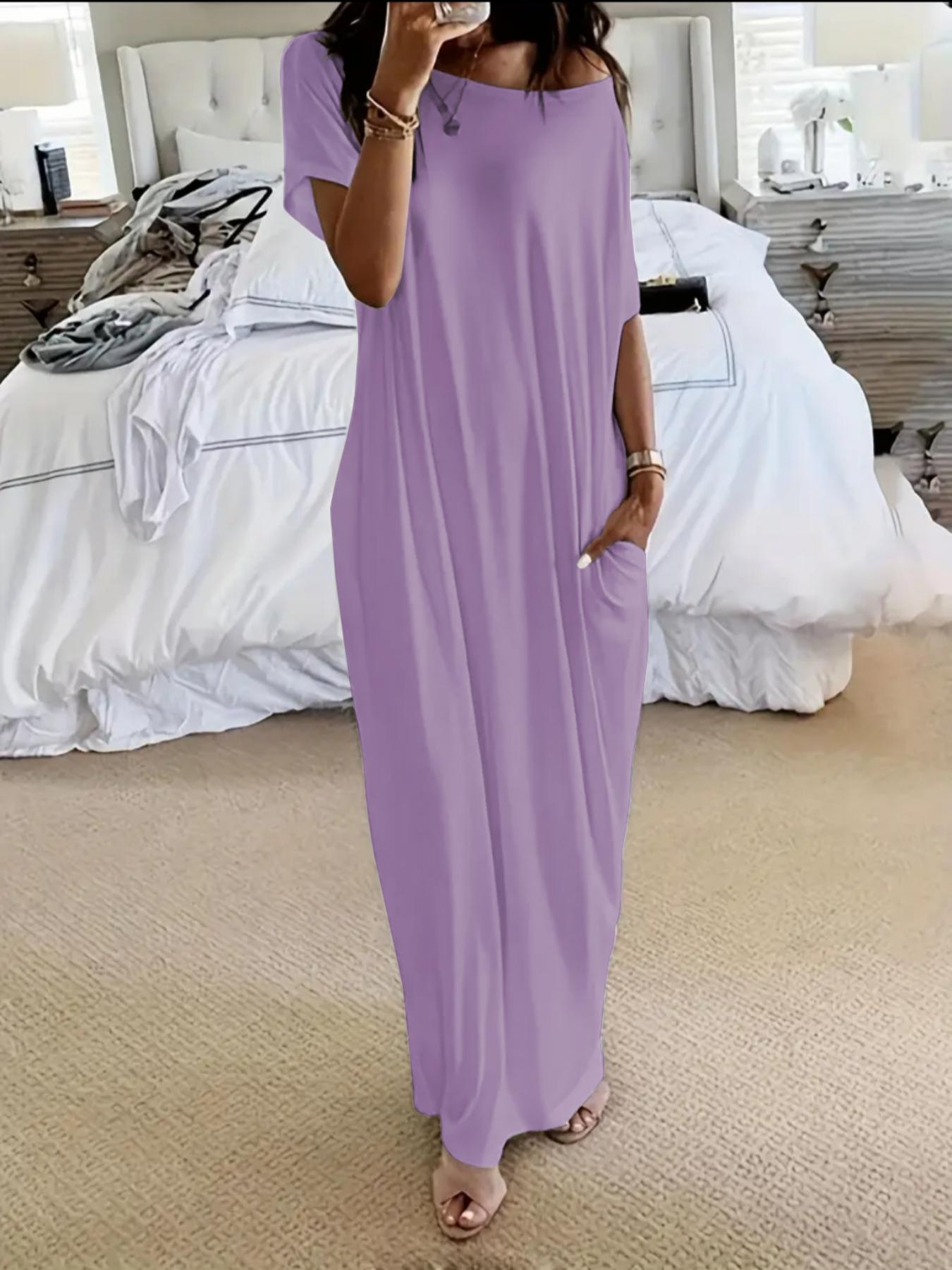Women's Solid Color Batwing Sleeve Lounge Dress, Casual Comfy Short Sleeve Nightdress for Daily Wear, Ladies Sleepwear for All Seasons Women's Solid Color Batwing Sleeve Lounge Dress, Casual Comfy Short Sleeve Nightdress for Daily Wear, Ladies Sleepwear for All Seasons