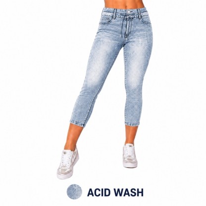 Wash Contrast Binding Double Button Drawstring Mid Waist High Stretch Fit Capri Jeans  Pant