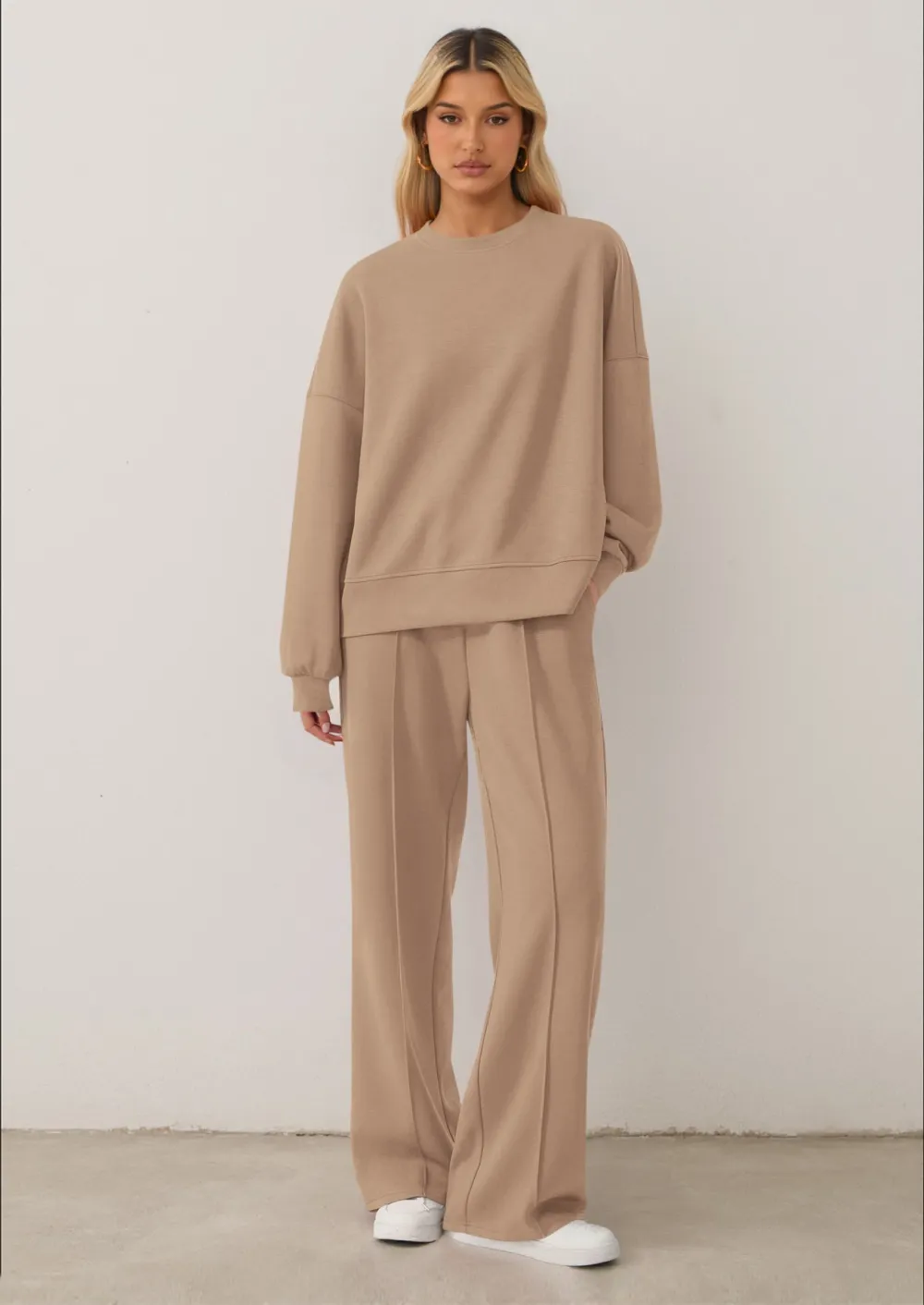 Women's Cozy Round Neck Top & Wide Leg Trousers Two Piece Outfits