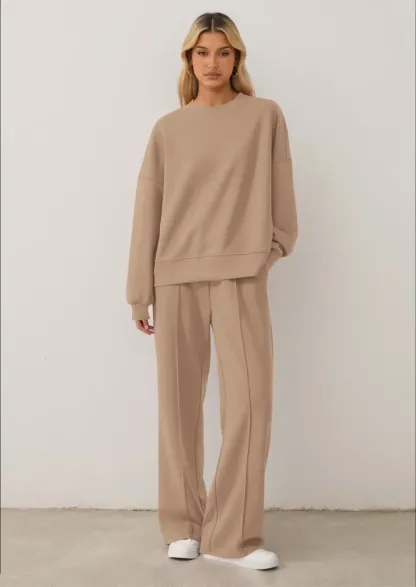 Women's Cozy Round Neck Top & Wide Leg Trousers Two Piece Outfits