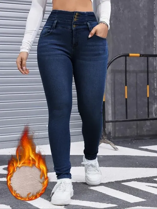 Women's High Elasticity Fleece Lined Thick Denim Jeans