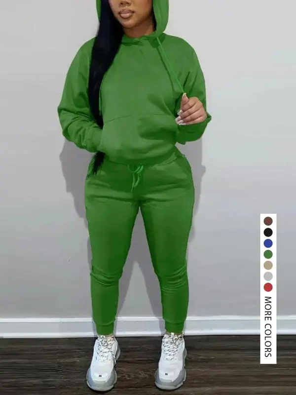 Casual Plain Drawstring Sweatshirt Outfit Set, Fitted Regular Length, Moderate Fabric, Fall & Winter Wear, Women's Clothing