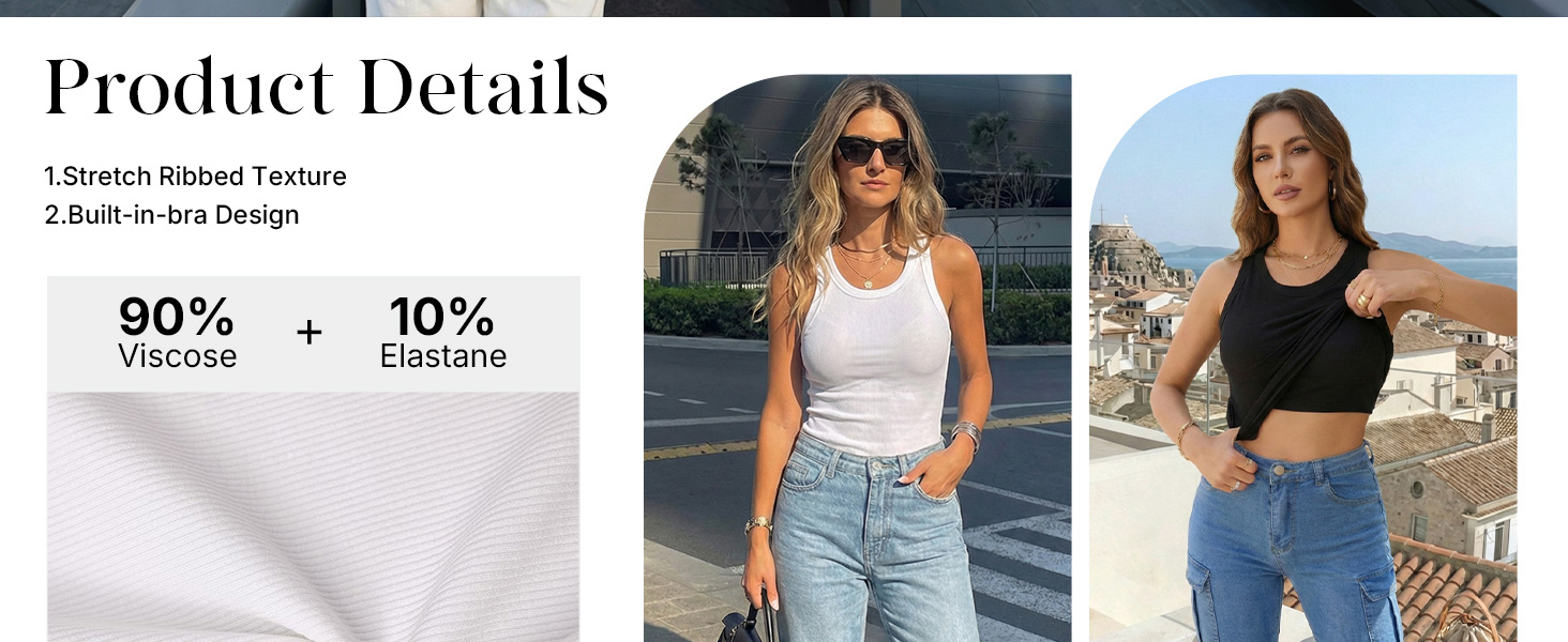 CHICME 2-Pack Built-in Bra Pads Slim Fit Tank Tops Sleeveless Fall Layering Shirs