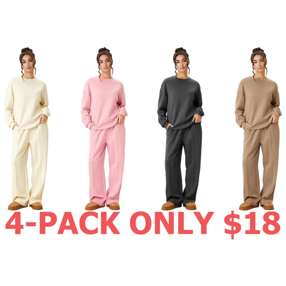 Women's Casual Solid Color Loose Long Sleeve Top & Exposed Stitches Trousers Co-ord