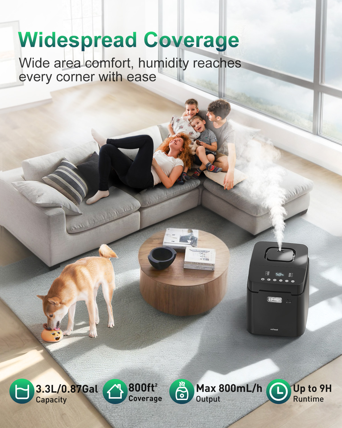 Mifasol Stainless Steel Humidifier, 3.3L/0.87Gal Steam Warm Mist Humidifiers for Bedroom 800 sq ft, Easy to Clean Humidifiers for Home, Dishwasher Safe Humidifier Large Room Baby Nursery Office, Black