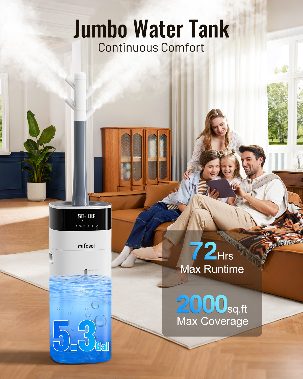 Humidifier Large Room, Cool and Warm Mist Humidifiers for Bedroom 5.3Gal/20L, Humidificateur for Home Whole House 2000 sq ft, Top Fill Humidifiers for Plant with Diffuser & Extended Tube, White