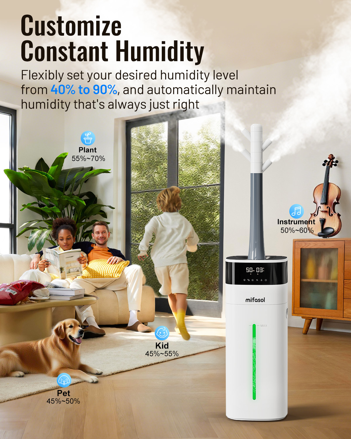 Humidifier Large Room, Cool and Warm Mist Humidifiers for Bedroom 5.3Gal/20L, Humidificateur for Home Whole House 2000 sq ft, Top Fill Humidifiers for Plant with Diffuser & Extended Tube, White