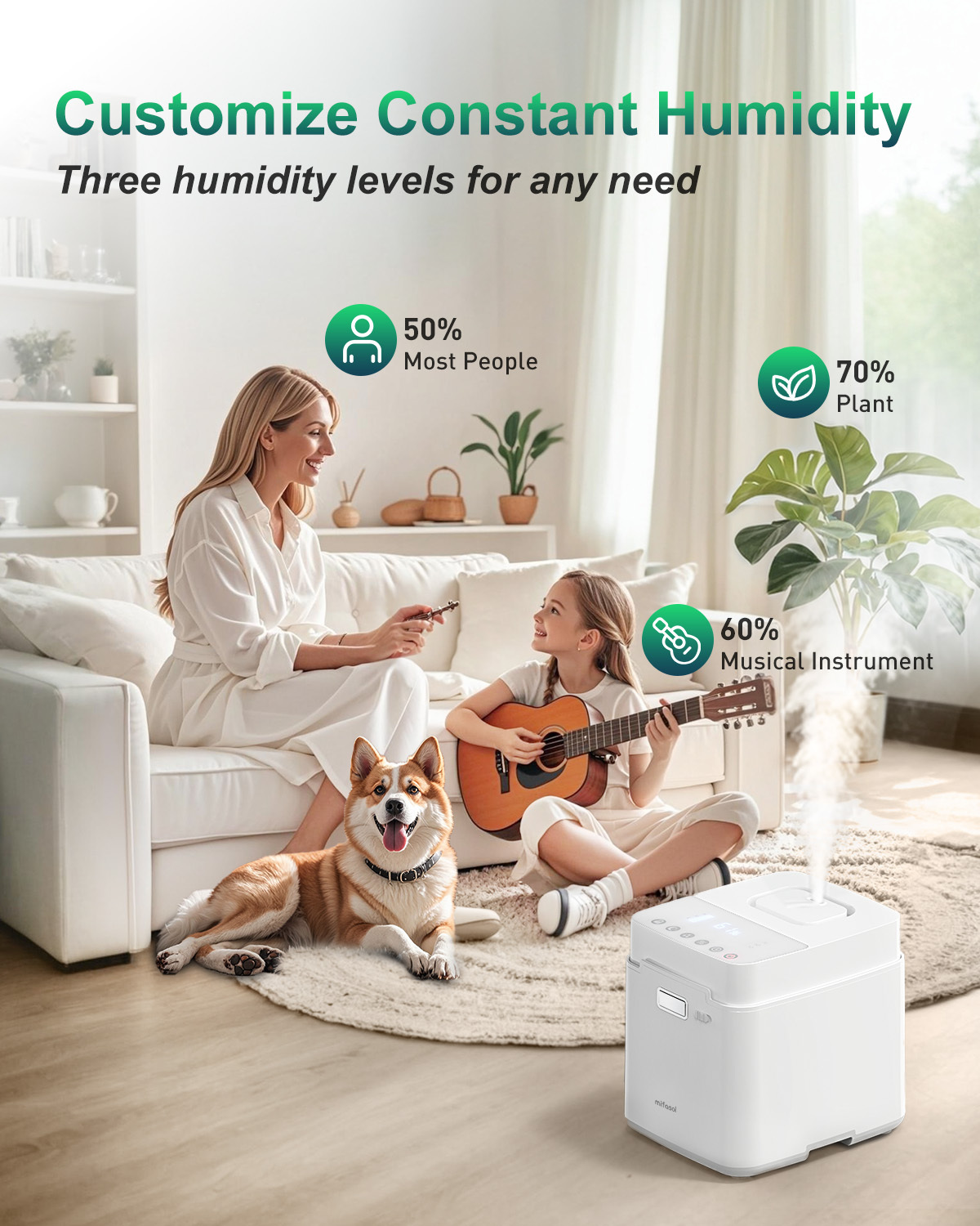 Mifasol Stainless Steel Humidifier, 3.3L/0.87Gal Steam Humidifier Large Room up to 800 sq ft, Easy to Clean Warm Mist Humidifiers for Bedroom Baby Nursery Home Office, White