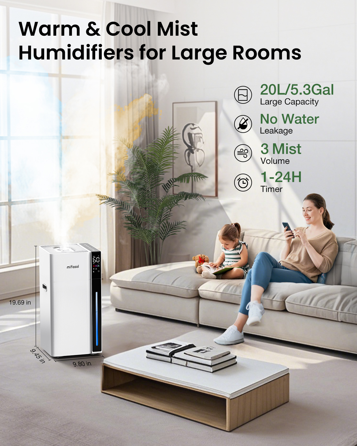 Mifasol Humidifier Large Room, 5.3Gal/20L Warm and Cool Mist Humidifiers for Home 1500 sq ft, Double Nozzles Whole House Humidifier, Humidifiers for Bedroom Plants Office Commercial Large Areas, White