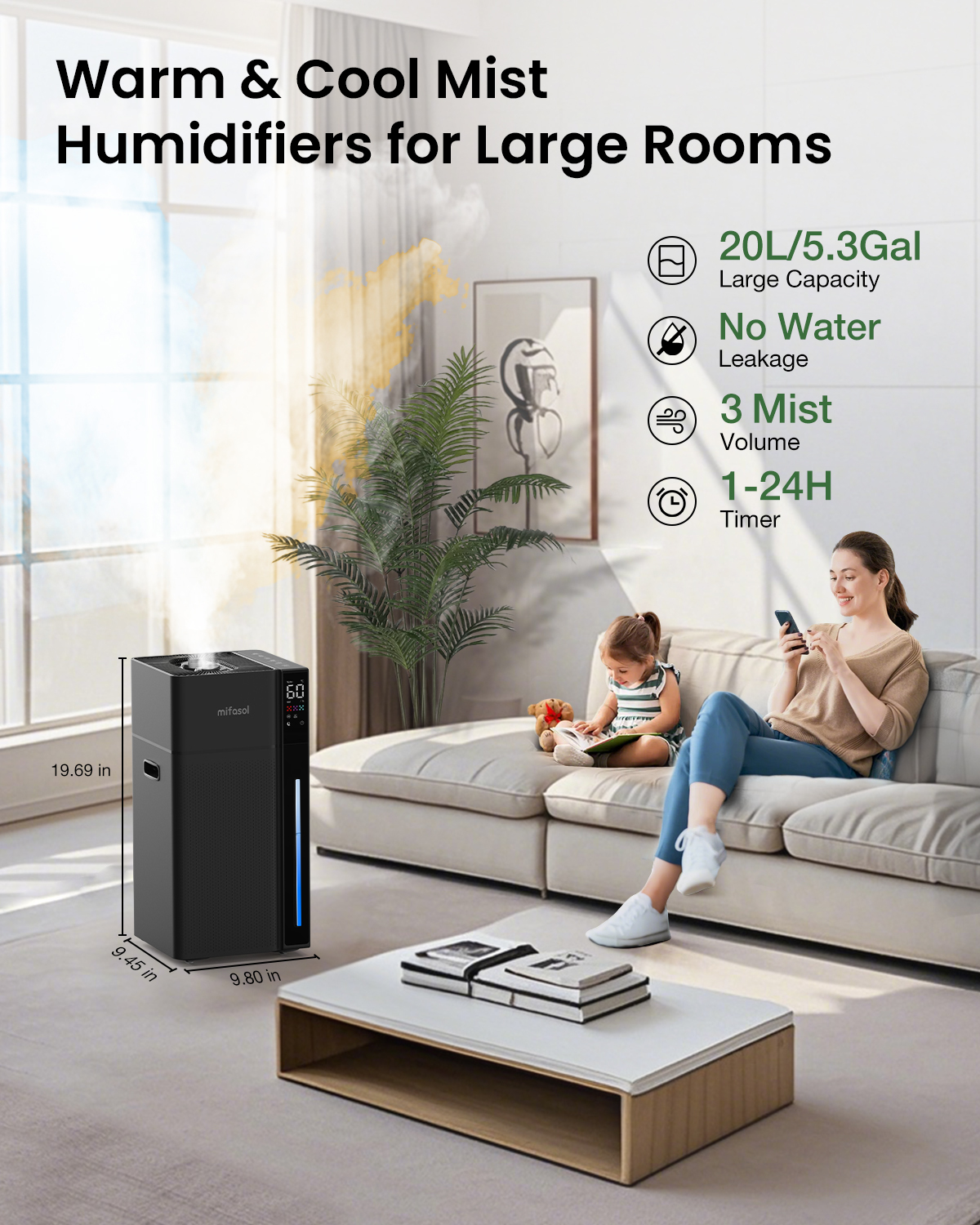 Mifasol Humidifier Large Room, 5.3Gal/20L Warm and Cool Mist Humidifiers for Home 1500 sq ft, Double Nozzles Whole House Humidifier, Humidifiers for Bedroom Plants Office Commercial Large Areas, Black