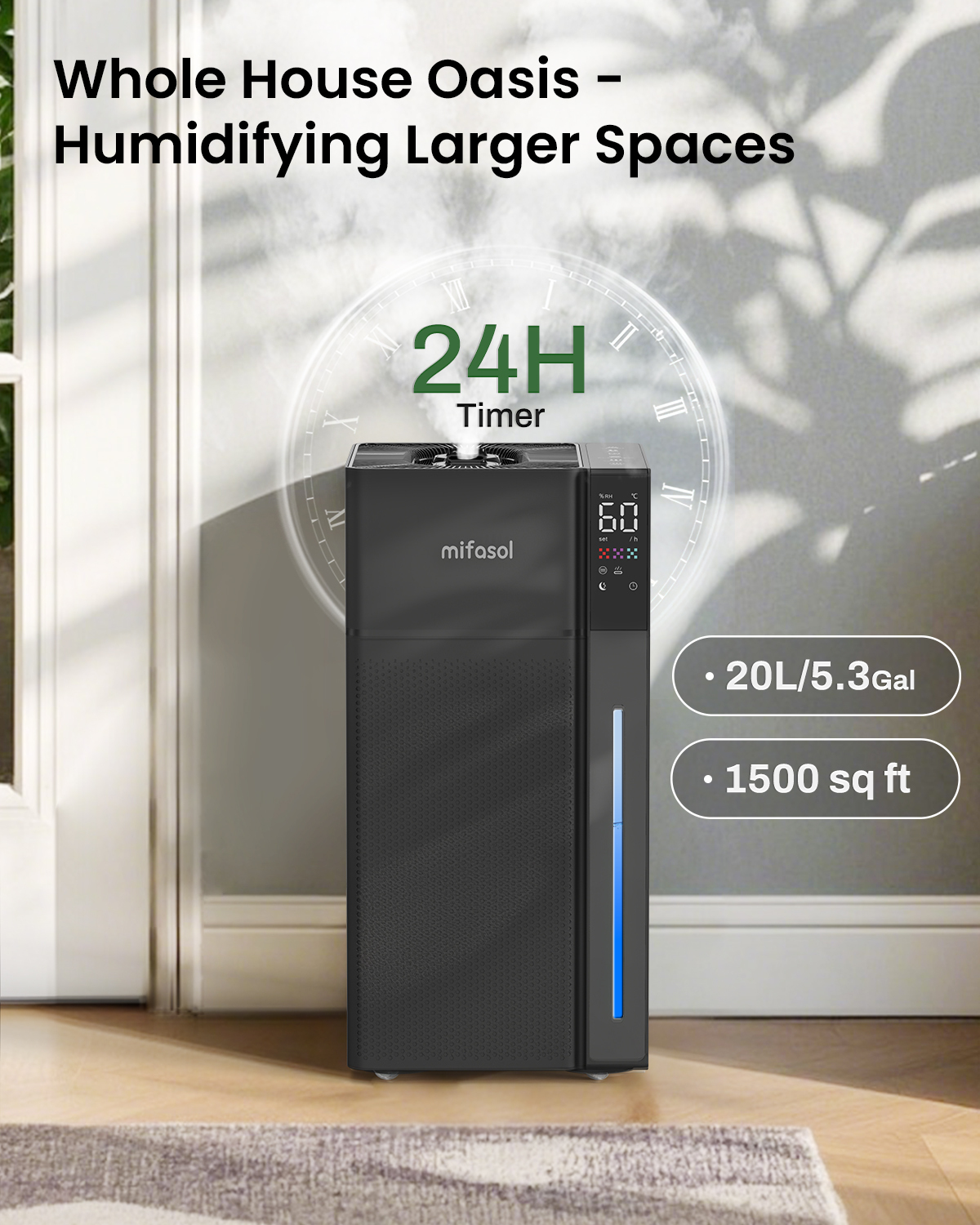 Mifasol Humidifier Large Room, 5.3Gal/20L Warm and Cool Mist Humidifiers for Home 1500 sq ft, Double Nozzles Whole House Humidifier, Humidifiers for Bedroom Plants Office Commercial Large Areas, Black