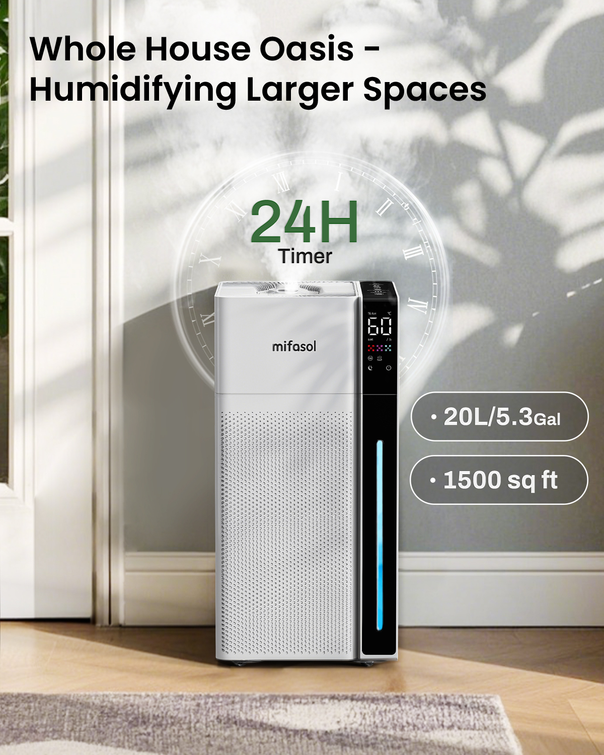 Mifasol Humidifier Large Room, 5.3Gal/20L Warm and Cool Mist Humidifiers for Home 1500 sq ft, Double Nozzles Whole House Humidifier, Humidifiers for Bedroom Plants Office Commercial Large Areas, White