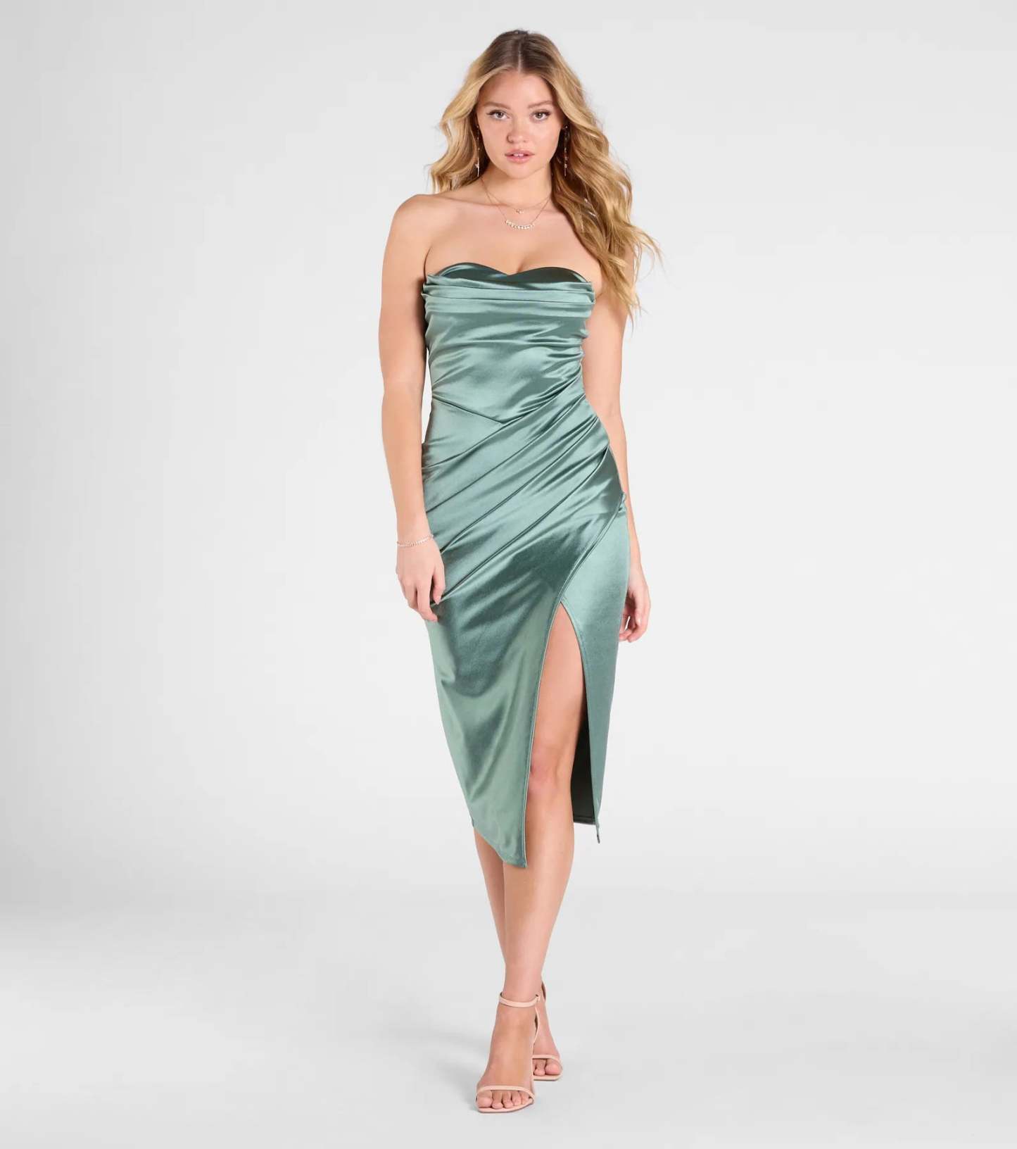 Own the spotlight in the Kaleen Sleeveless Satin Wrap Midi Dress, a sage green formal dress crafted to deliver luxe style for winter weddings, Military Balls, or any special event.