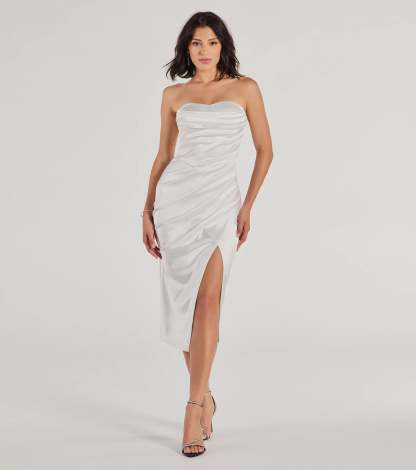 Feel polished and confident in the Kaleen Sleeveless Satin Wrap Midi Dress, a white prom dress designed with luxe fabric and modern detail that shows off your vibe.