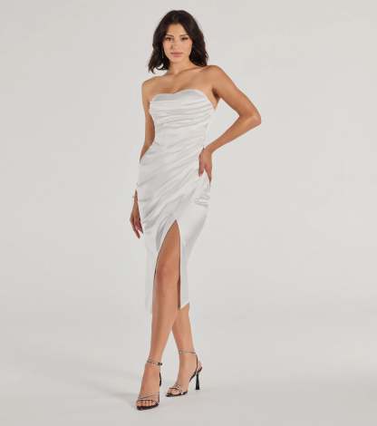 The Kaleen Sleeveless Satin Wrap Midi Dress in white features a flattering fit and mid-calf hem, redefining effortless midi dresses for any occasion.