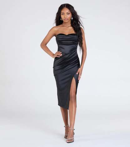 Own the spotlight in the Kaleen Sleeveless Satin Wrap Midi Dress, a black formal dress crafted to deliver luxe style for winter weddings, Military Balls, or any special event.