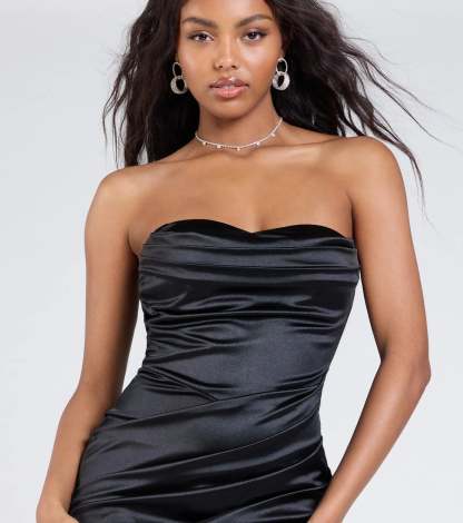 Slip into polished style with this satin midi dress—the Kaleen Sleeveless Satin Wrap Midi Dress in black stuns with a flattering length and stylish details for dinners, parties, or weddings.